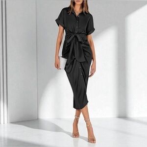 NEW / BTFBM (Amazon), Satin Ruched Shirt Dress, 2XL (Fits Smaller), Black